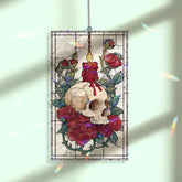 Skull and Candle Acrylic Suncatcher, Stained Glass Style Gothic Red Roses and Burning Candle Window Hanging, Dark Halloween Home Décor Gift